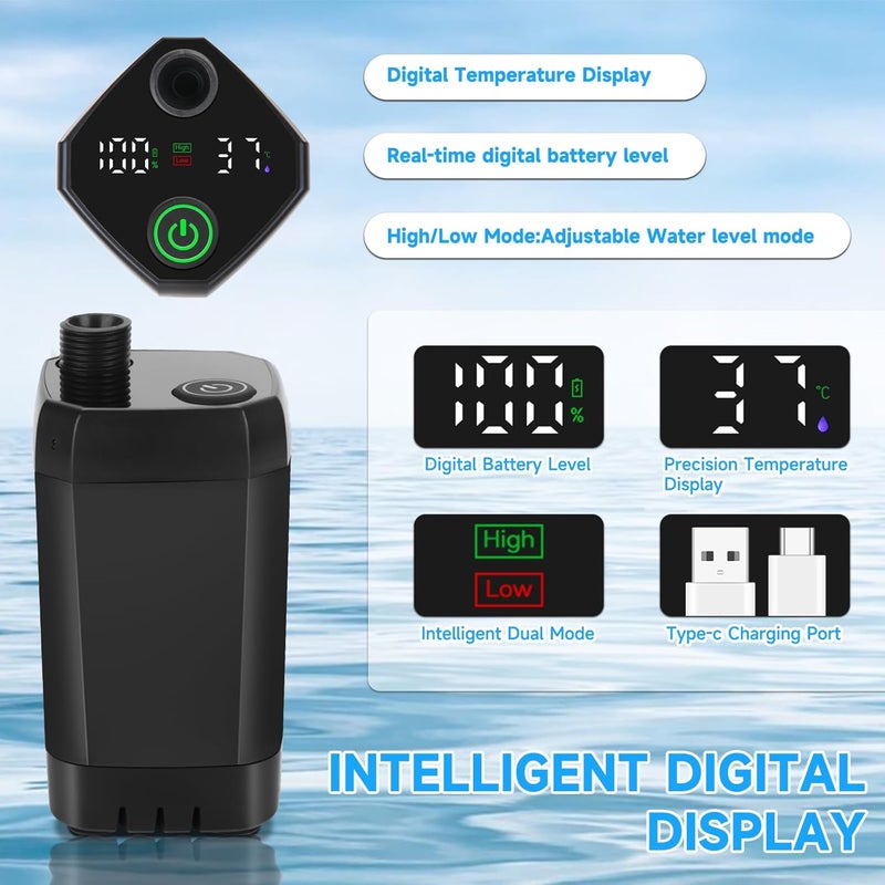 vignuto Portable Shower for Camping, Rechargeable Camping Shower Pump with LED Display of Battery Level and Temperature - Image 4